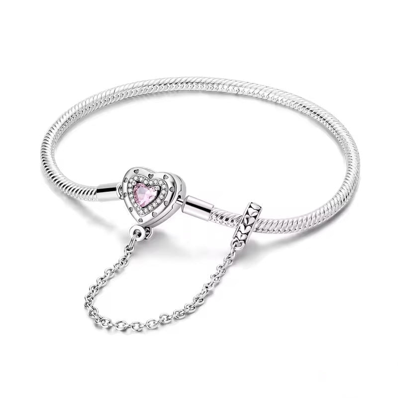 Pink Heart Clasp with Safety Chain Charm Bracelet