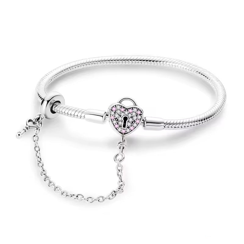 Pink Lock Heart Clasp with Safety Chain Charm Bracelet