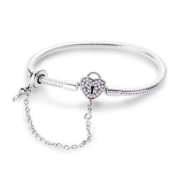 Pink Lock Heart Clasp with Safety Chain Charm Bracelet