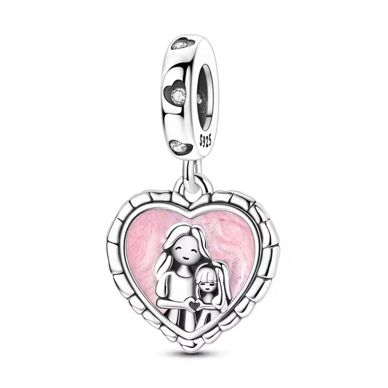 Mother and Child Pink Heart Dangle Charm